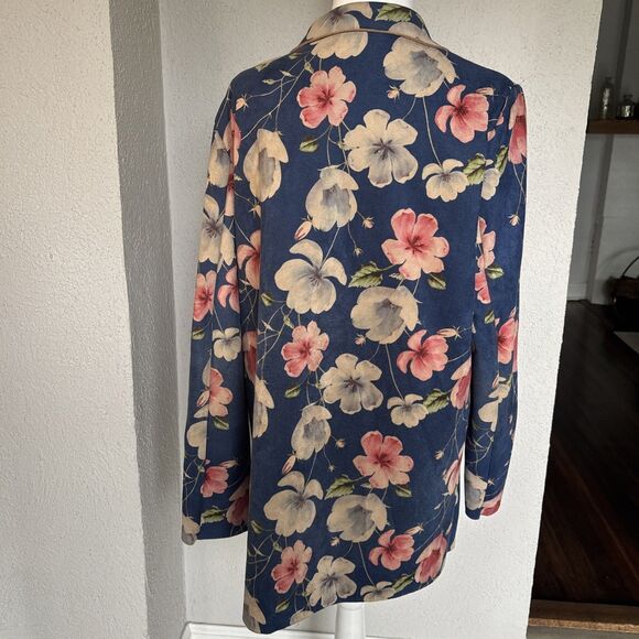 Anthropologie Solitaire Blue Floral Faux Suede Oversized Blazer Jacket Sz Large - Picture 3 of 13